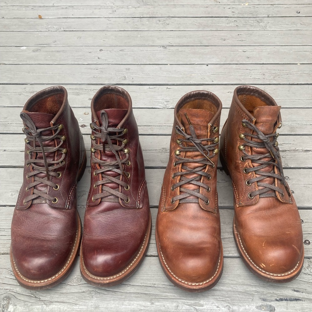 Two pairs of Red Wings Shoes Men's Leather Boots - Dark Brown and Chestnut USA